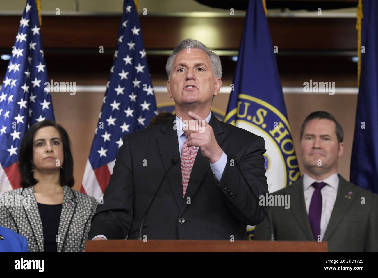 House Republican Leader Kevin McCarthy(R-CA) speaks about President Bidens First Year in office during a press conference, today on January 20, 2022 at HVC/Capitol Hill in Washington DC, USA. (Photo by Lenin Nolly/NurPhoto) Stock Photo