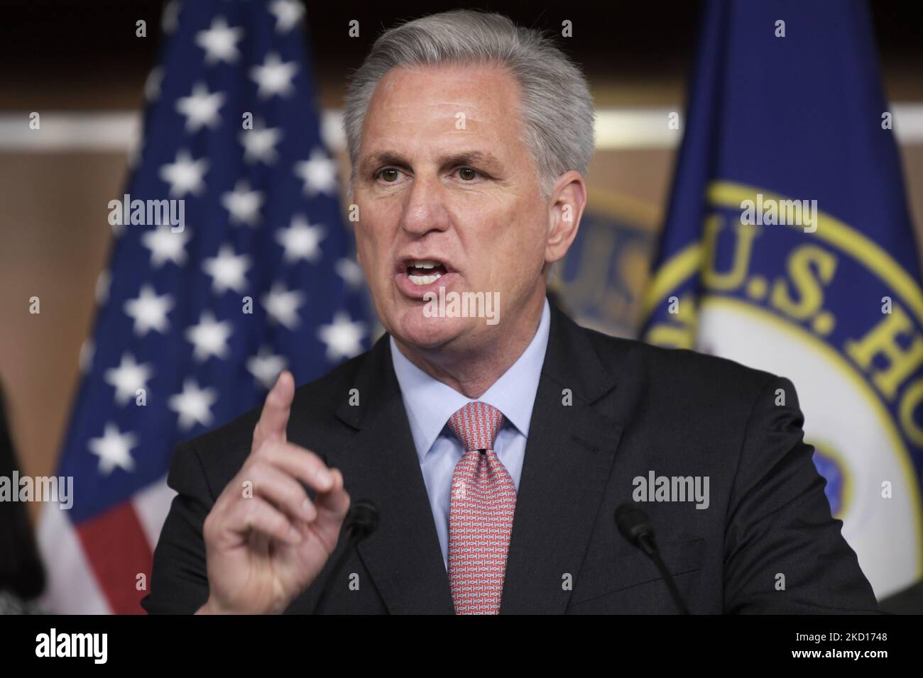 House Republican Leader Kevin McCarthy(R-CA) speaks about President Bidens First Year in office during a press conference, today on January 20, 2022 at HVC/Capitol Hill in Washington DC, USA. (Photo by Lenin Nolly/NurPhoto) Stock Photo