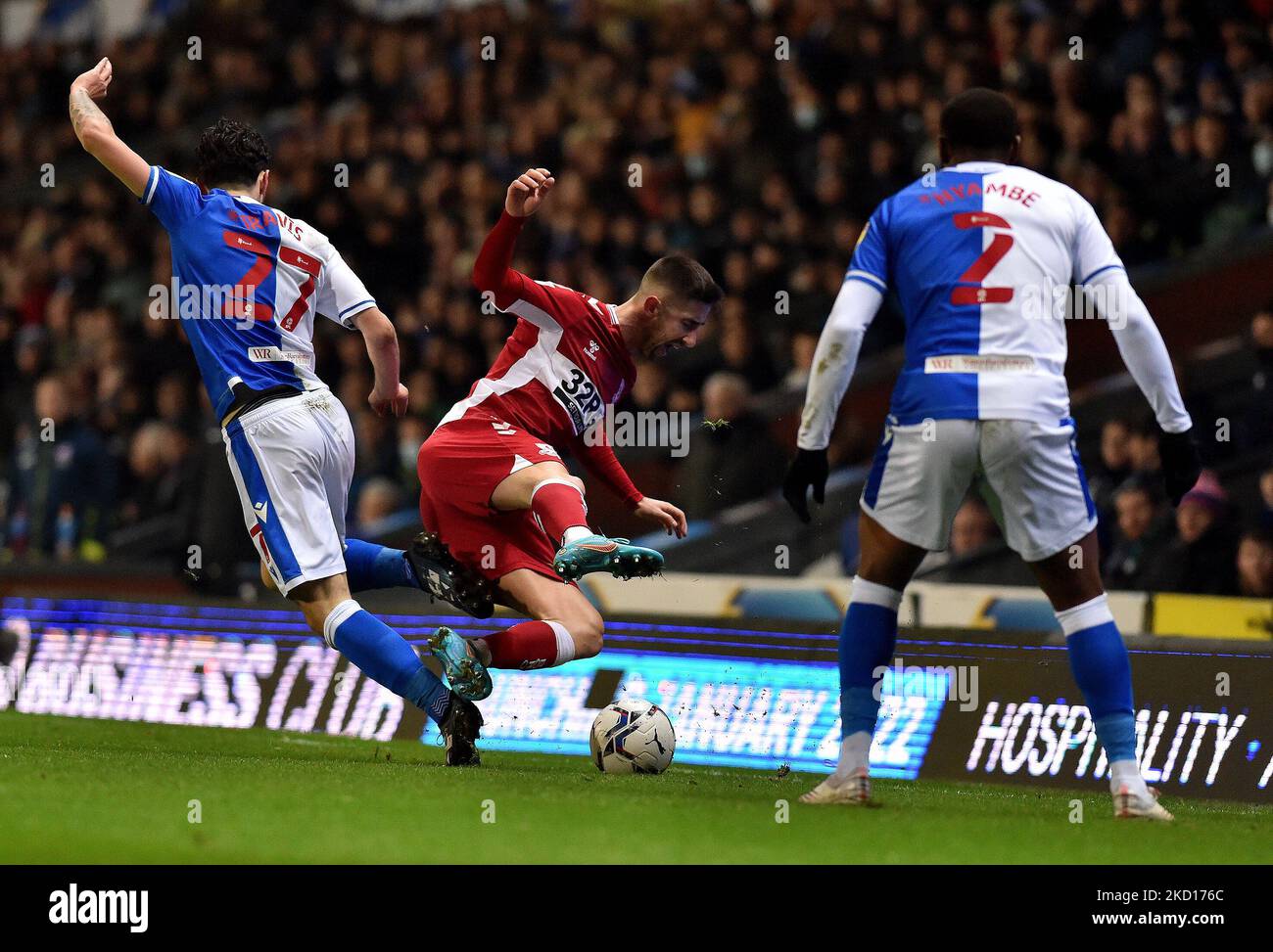 Andraž Šporar of Middlesbrough Football Club tussles with Lewis Travis of Blackburn Rovers during the Sky Bet Championship match between Blackburn Rovers and Middlesbrough at Ewood Park, Blackburn on Monday 24th January 2022. (Photo by Eddie Garvey/MI News/NurPhoto) Stock Photo