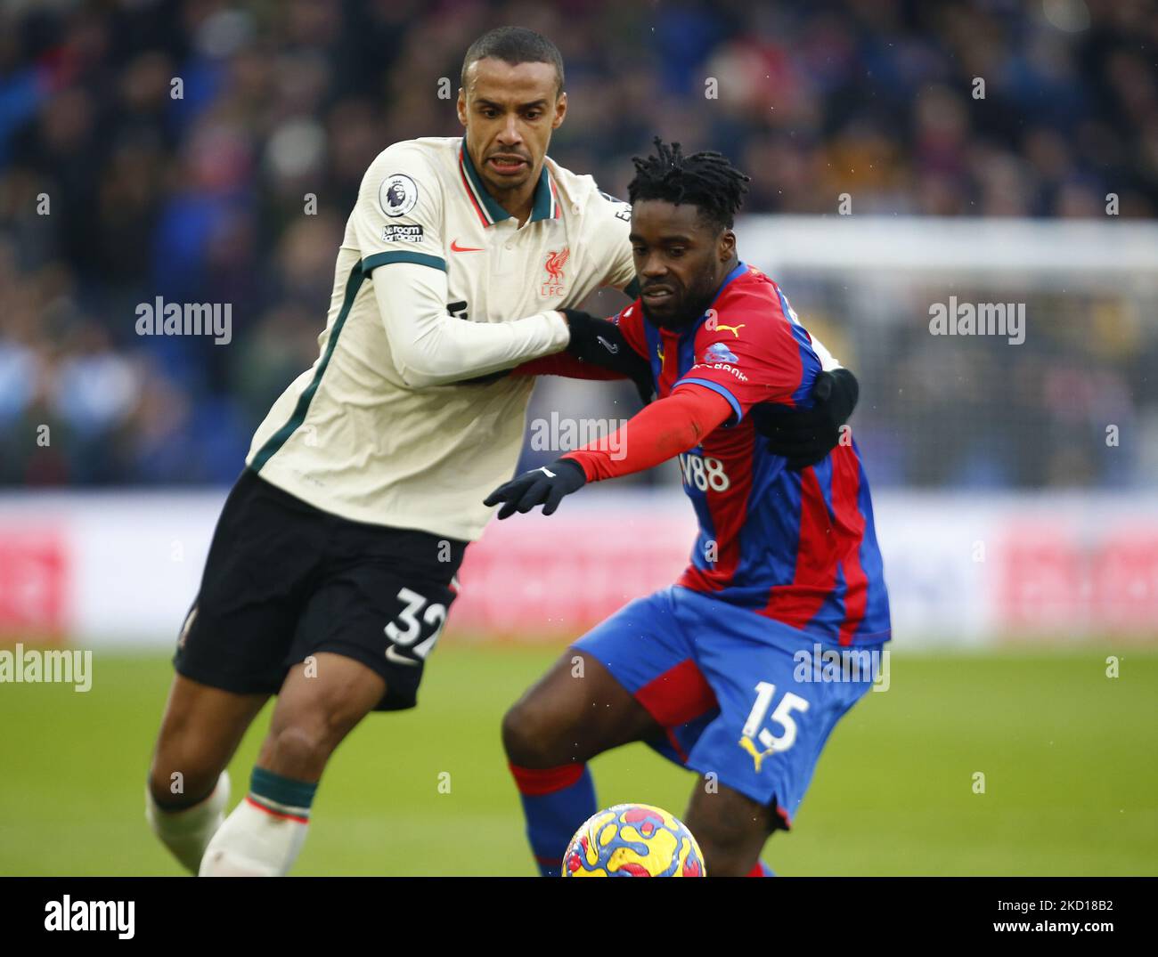 L-R Liverpool's Joel Matip and Crystal Palace's Jeffrey Schlupp during Premier League between Crystal Palace and Liverpool at Selhurst Park Stadium, London on 23rd January , 2022 (Photo by Action Foto Sport/NurPhoto) Stock Photo
