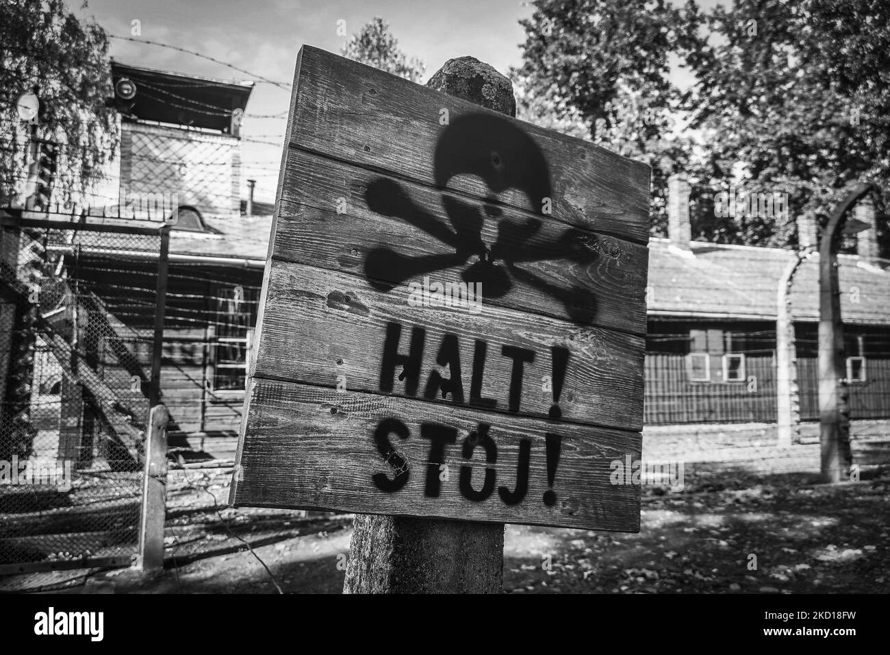 'Halt!' sign in the former Nazi German Auschwitz I concentration camp at Auschwitz Memorial Site. Oswiecim, Poland on October 4, 2021. (Photo by Beata Zawrzel/NurPhoto) Stock Photo
