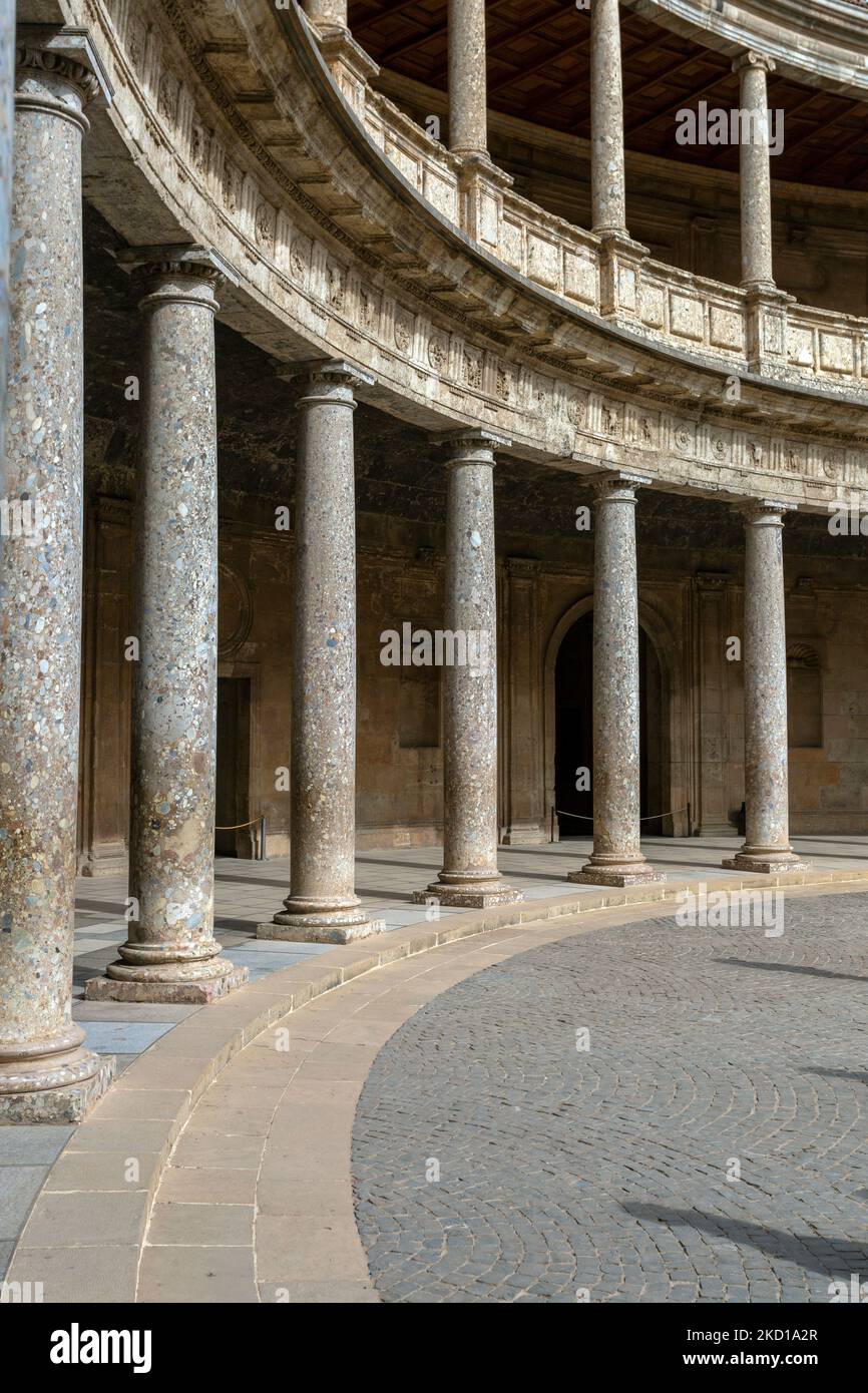 Granada, Spain October 28, 2022 The Palace of Charles V. at the Alhambra in Granada, Spain on Granada, Spain October 28, 2022 The Palace of Charles V. at the Alhambra in Granada, Spain on