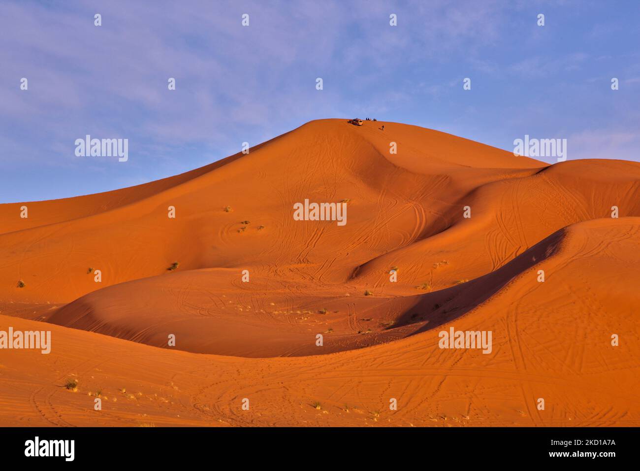 Sand dunes near the small village of Merzouga in Morocco, Africa. Merzouga is a village in the Sahara Desert in Morocco, on the edge of Erg Chebbi, a 50km long and 5km wide set of sand dunes that reach up to 350m. (Photo by Creative Touch Imaging Ltd./NurPhoto) Stock Photo