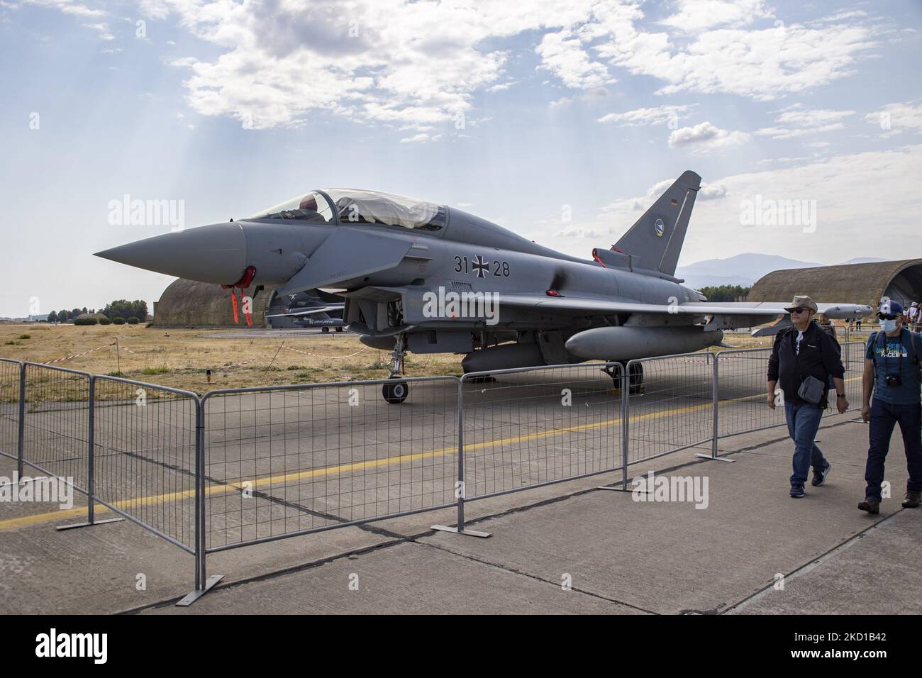 German Air Force Luftwaffe Eurofighter Typhoon EF2000 military combat jet aircraft as seen on a static display with people around during the Athens Flying Week 2021 at Tanagra Air Base Airport. The fighter has the registration 30+28, one of the 141 that Germany owns with 38 Tranche 4 in order. Eurofighter Typhoon is a twin-engine canard delta wing a multirole fighting jet manufactured by Airbus, BAE Systems and Leonardo. NATO countries UK, Germany, Italy and Spain are the prime users. Athens, Greece on September 5, 2021 (Photo by Nicolas Economou/NurPhoto) Stock Photo