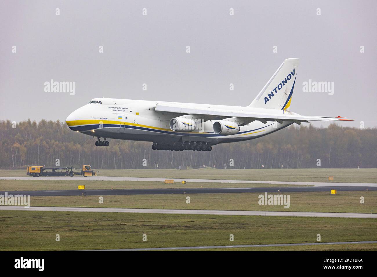 The Antonov An-124 Ruslan is a large, strategic airlift, four-engined aircraft that was designed in the 1980s by the Antonov design bureau in the Ukrainian SSR, the largest military transport aircraft in service. The An-124 is the world's heaviest gross weight production cargo airplane. Cargo flights have increased demand and fly more as the passenger aviation industry traffic is phasing a difficult period with the Covid-19 coronavirus pandemic having a negative impact on the travel business industry with fears of the worsening situation due to the new Omega variant mutation. Eindhoven, The Ne Stock Photo