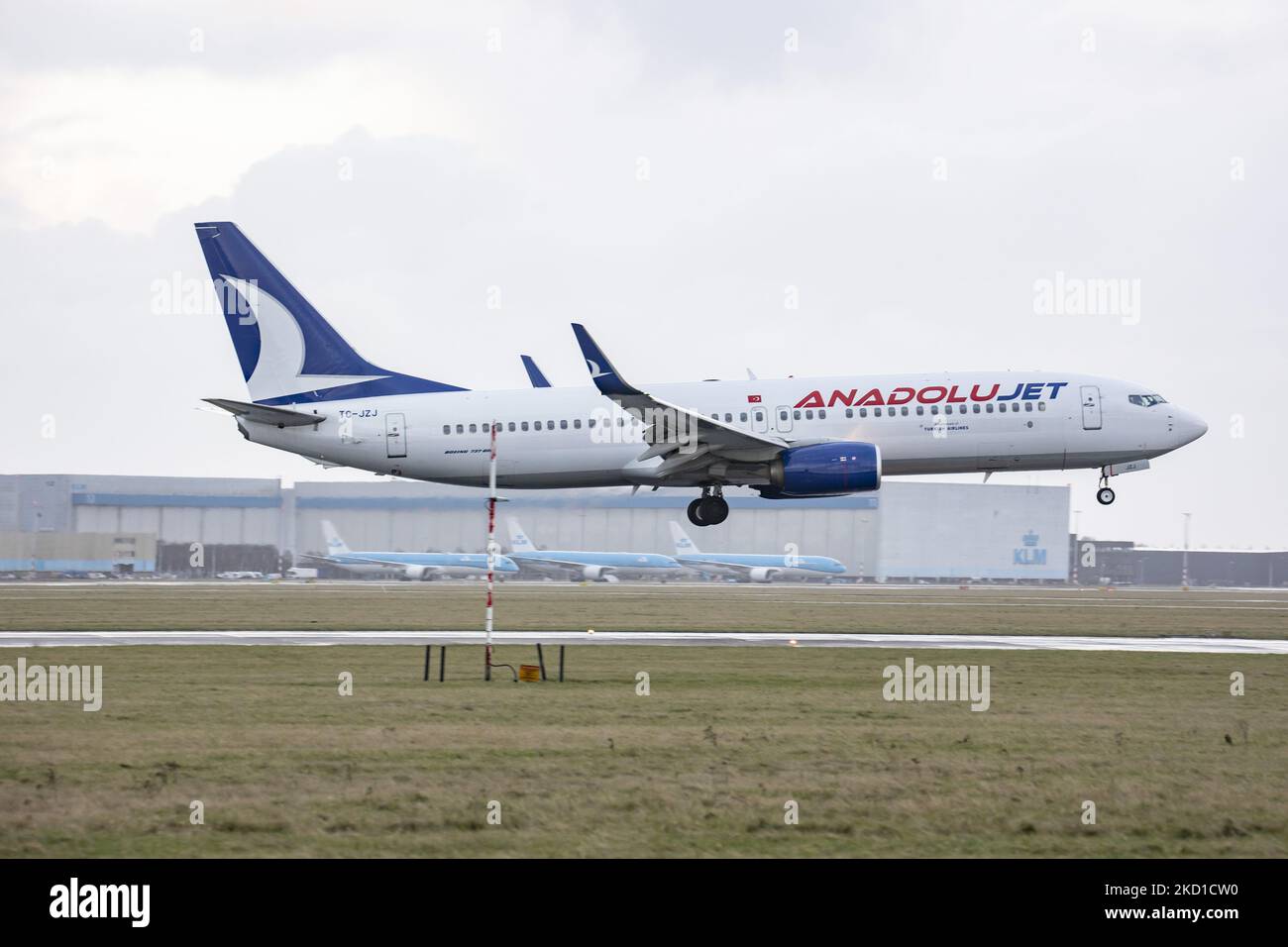 Anadolu Jet Boeing 737800 aircraft as seen flying on final approach and landing at Amsterdam