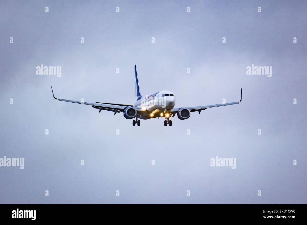 Anadolu Jet Boeing 737800 aircraft as seen flying on final approach and landing at Amsterdam