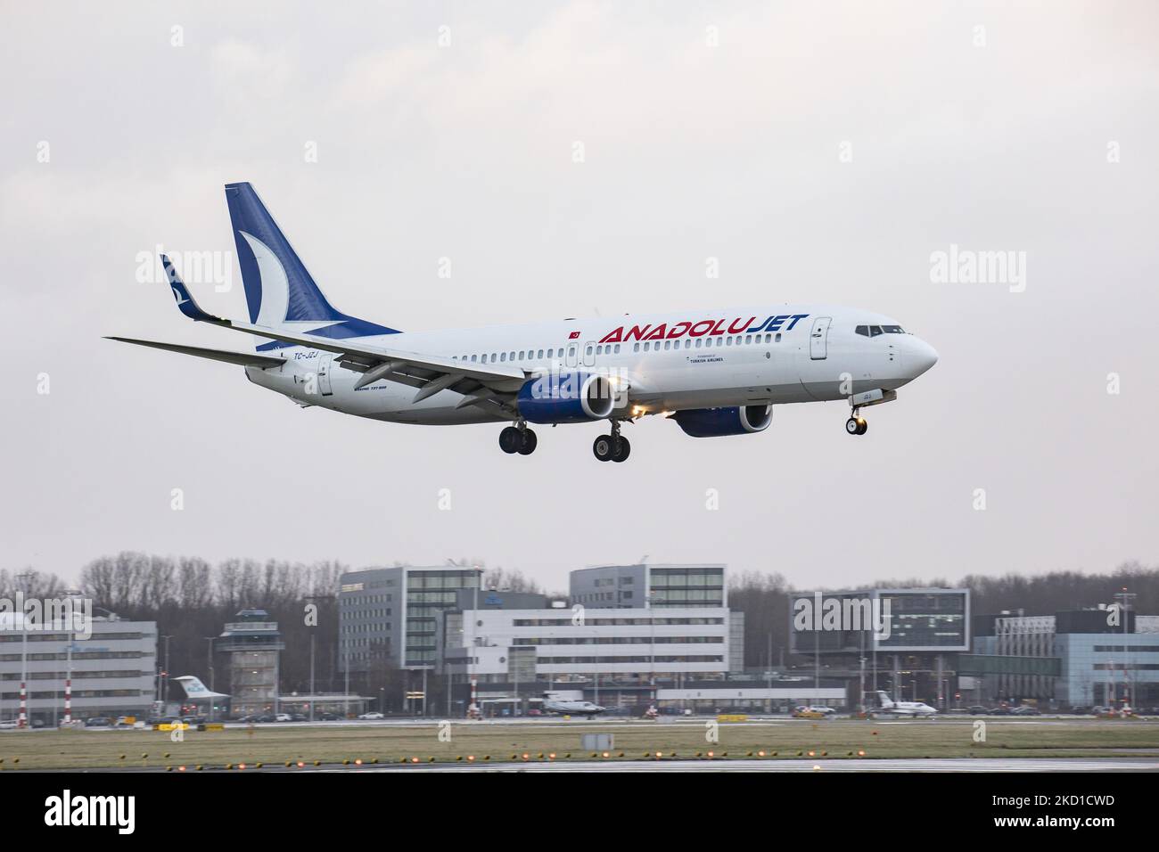 Anadolu Jet Boeing 737800 aircraft as seen flying on final approach and landing at Amsterdam