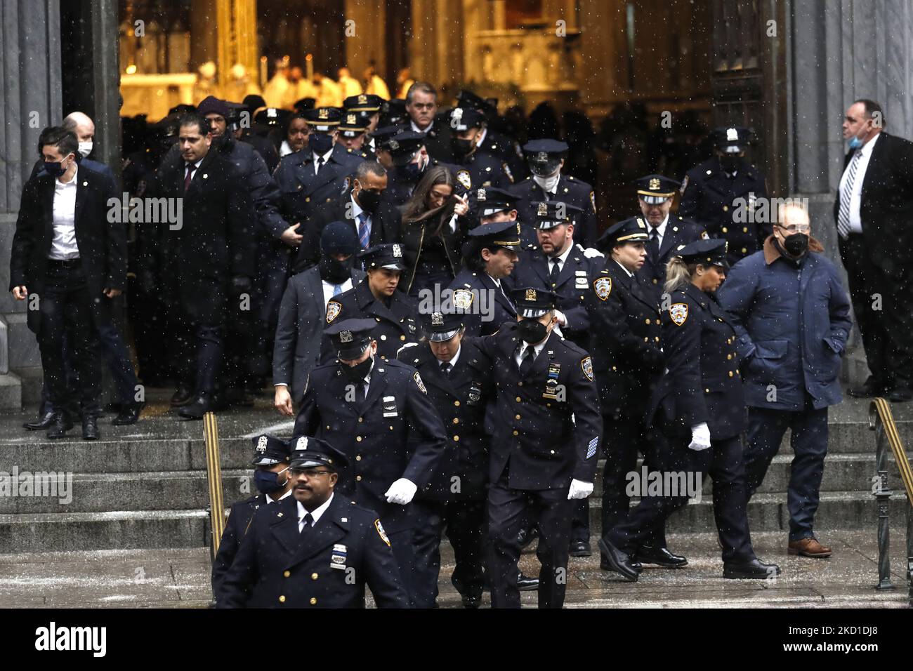 Thousands of police officers from various jurisdictions around the country attend the funeral for the slain NYPD officer Jason Rivera on January 28, 2022 in New York city, USA. The young officer was killed less than a week ago while responding to a domestic disturbance in Harlem. His partner Wilbert Mora who was also shot during the incident, died days later and will be laid to rest next week. (Photo by John Lamparski/NurPhoto) Stock Photo