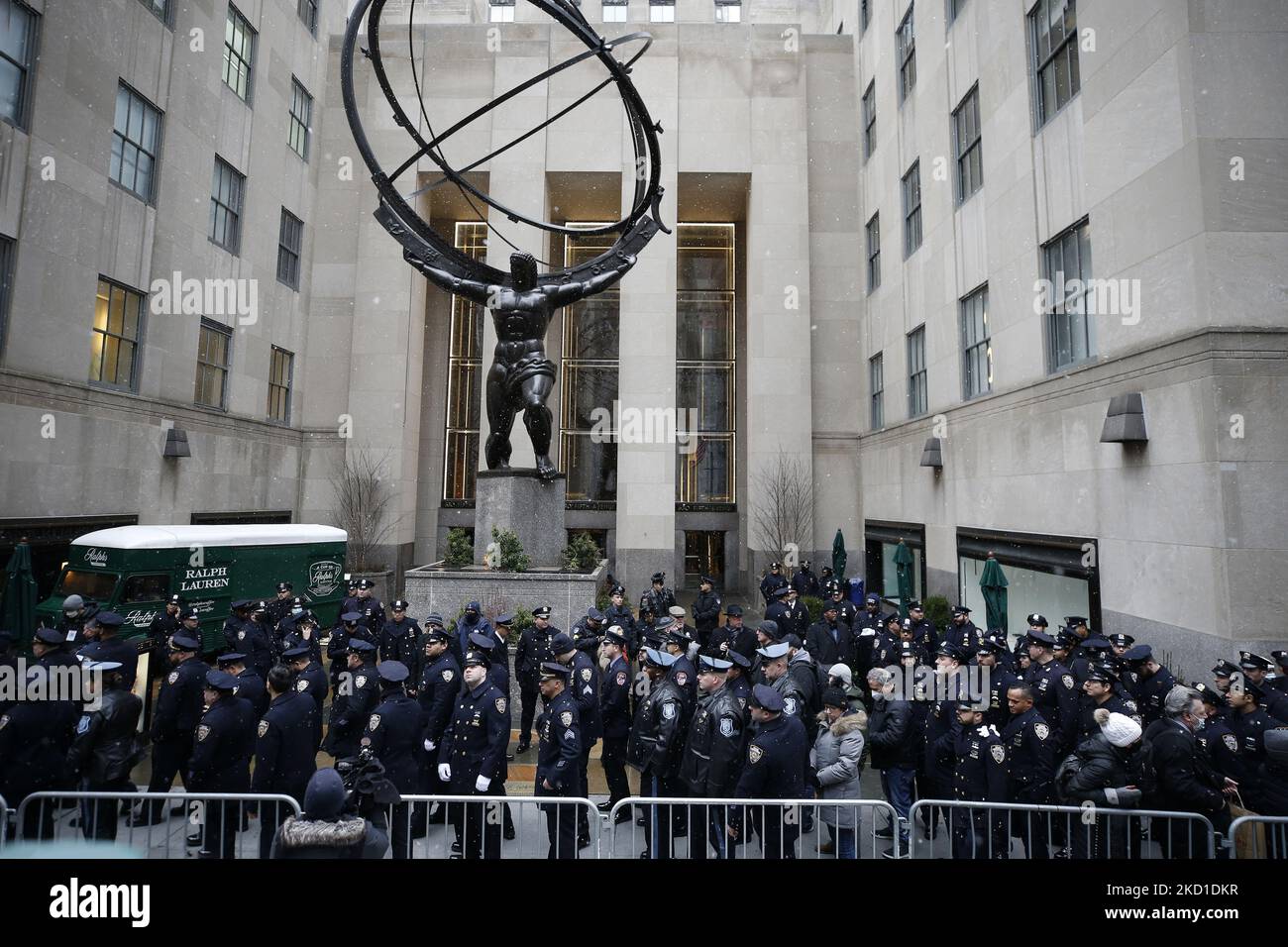 Thousands of police officers from various jurisdictions around the country attend the funeral for the slain NYPD officer Jason Rivera on January 28, 2022 in New York city, USA. The young officer was killed less than a week ago while responding to a domestic disturbance in Harlem. His partner Wilbert Mora who was also shot during the incident, died days later and will be laid to rest next week. (Photo by John Lamparski/NurPhoto) Stock Photo