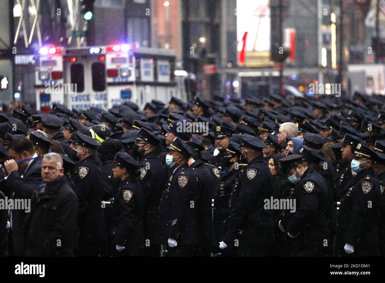 Thousands of police officers from various jurisdictions around the country attend the funeral for the slain NYPD officer Jason Rivera on January 28, 2022 in New York city, USA. The young officer was killed less than a week ago while responding to a domestic disturbance in Harlem. His partner Wilbert Mora who was also shot during the incident, died days later and will be laid to rest next week. (Photo by John Lamparski/NurPhoto) Stock Photo
