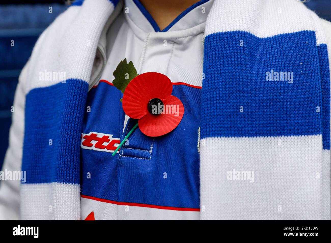 London, UK. 05th Nov, 2022. 5th November 2022; The Kiyan Prince Foundation Stadium, London, England; English Football League Championship Football, Queen Park Rangers versus West Bromwich Albion; QPR fan wearing a Remembrance Poppy on the home shirt Credit: Action Plus Sports Images/Alamy Live News Stock Photo