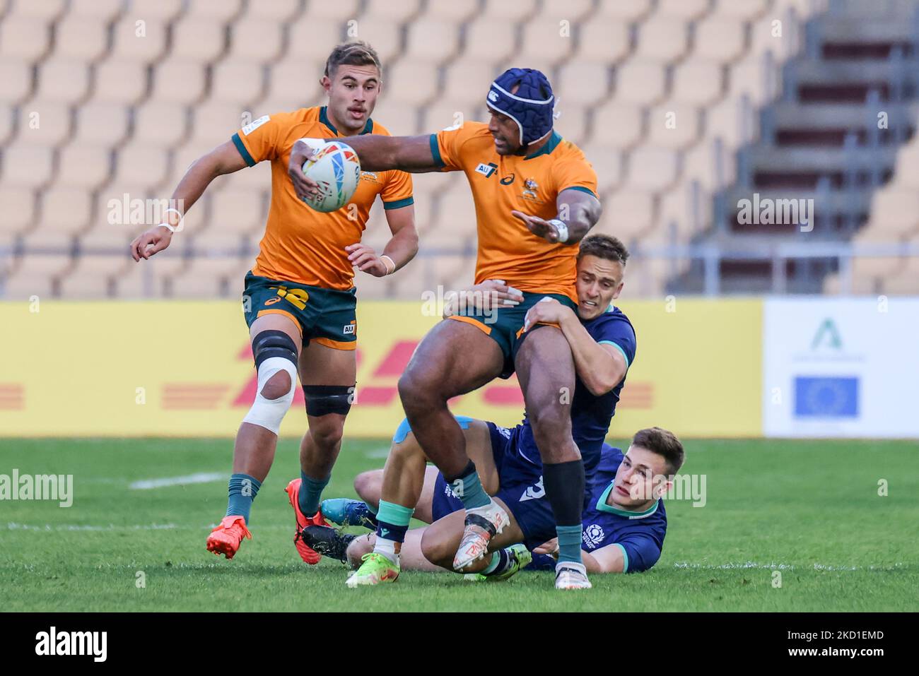 Nathan Lawson of Australian in action during the Men's HSBC World Rugby Sevens Series 2022 match between Australian and Scotland at the La Cartuja stadium in Seville, on January 28, 2022. (Photo by DAX Images/NurPhoto) Stock Photo