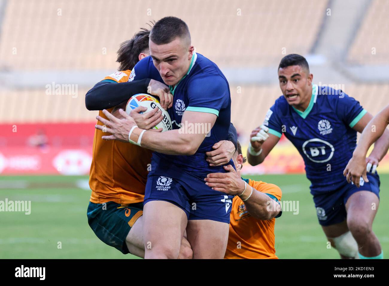 Ross McCann of Scotland runs with the ball during the Men's HSBC World Rugby Sevens Series 2022 match between Australian and Scotland at the La Cartuja stadium in Seville, on January 28, 2022. (Photo by DAX Images/NurPhoto) Stock Photo