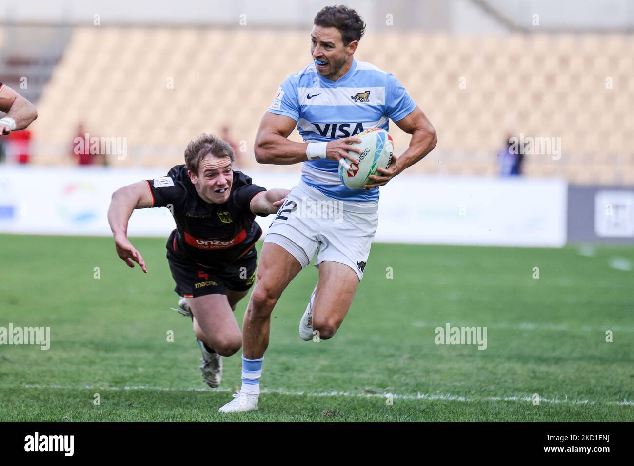 Franco Sabato of Argentina runs with the ball during the Men's HSBC World Rugby Sevens Series 2022 match between Argentina and Germany at the La Cartuja stadium in Seville, on January 29, 2022. (Photo by DAX Images/NurPhoto) Stock Photo