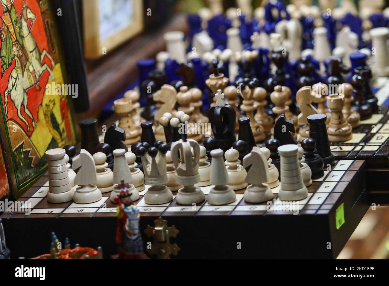 Chess for sale are seen at a souvenir stand in Krakow, Poland on January 29, 2022. (Photo by Jakub Porzycki/NurPhoto) Stock Photo