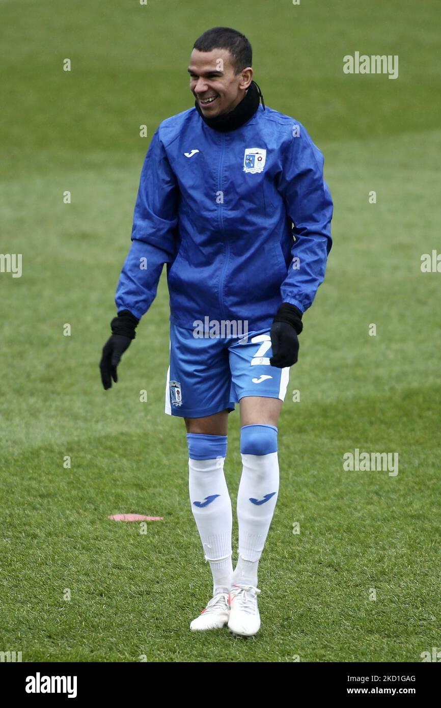 Connor Brown of Barrow AFC pictured during the warm up ahead of the Sky Bet League 2 match between Newport County and Barrow at Rodney Parade, Newport on Saturday 29th January 2022. (Photo by Kieran RIley/MI News/NurPhoto) Stock Photo