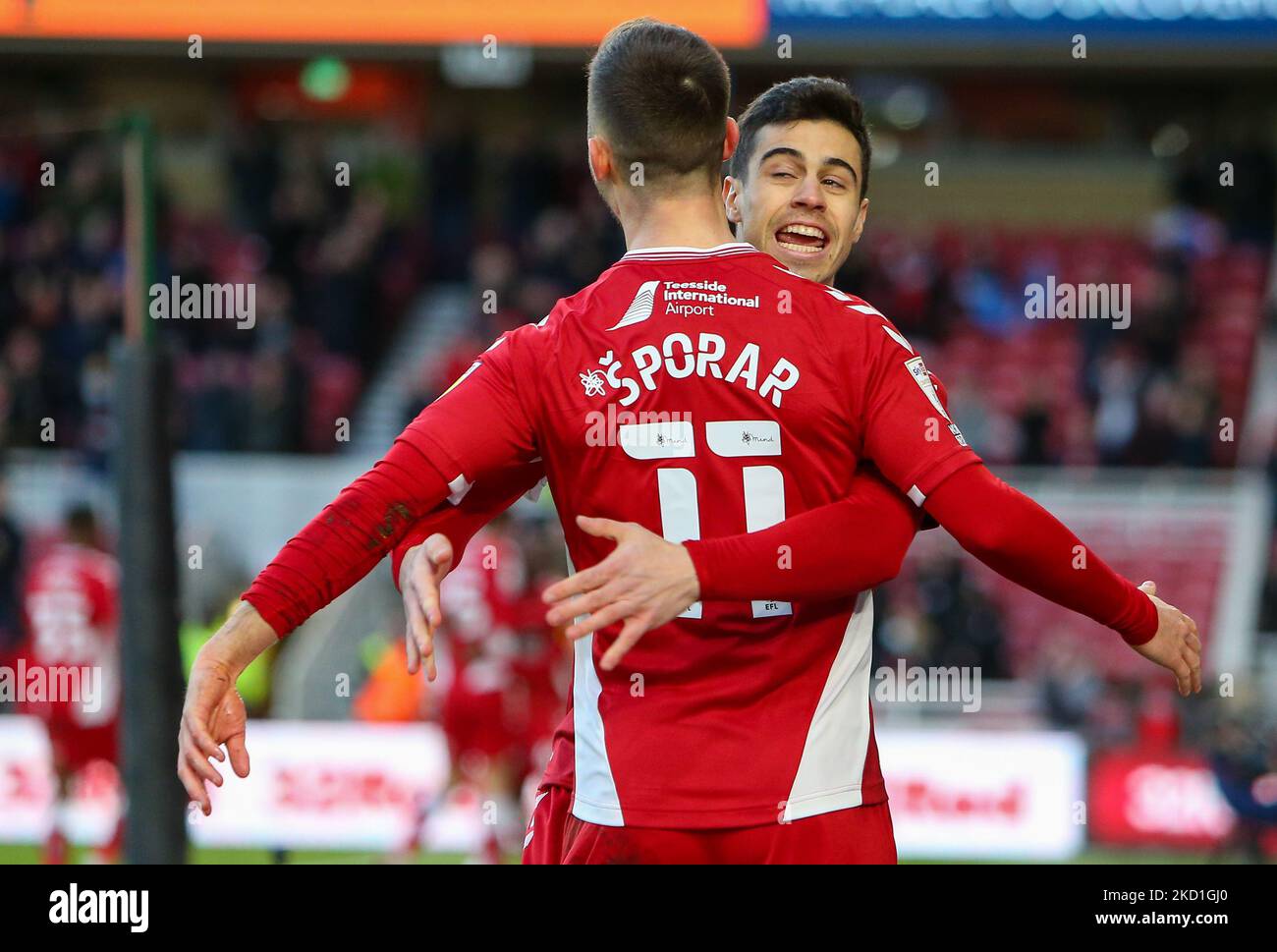 Martin Payero hugs Middlesbrough's Andraž Šporar following the opening goal during the Sky Bet Championship match between Middlesbrough and Coventry City at the Riverside Stadium, Middlesbrough on Saturday 29th January 2022. (Photo by Michael Driver/MI News/NurPhoto) Stock Photo