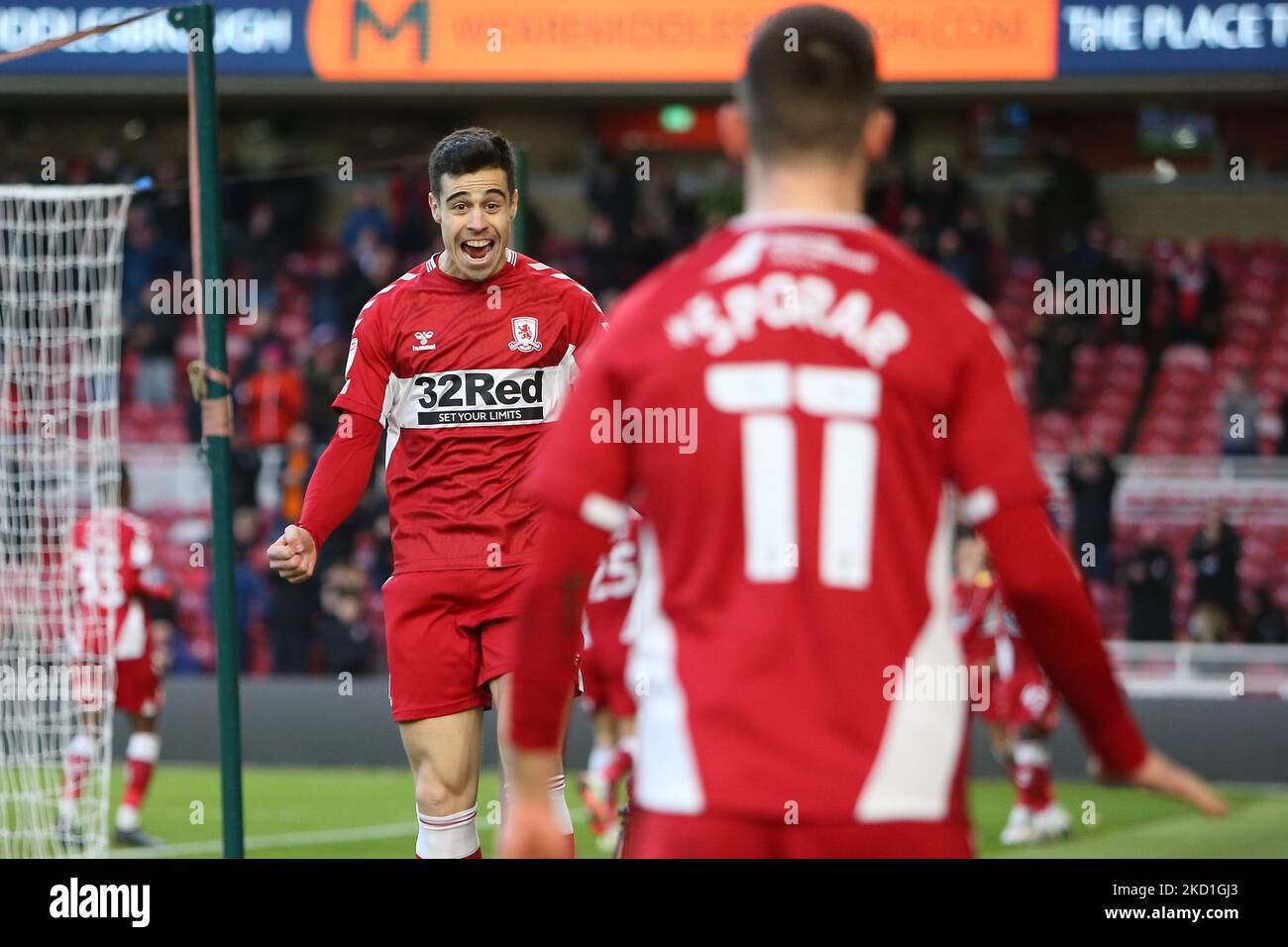 Middlesbrough's Martín Payero smiles at Middlesbrough's Andraž Šporar following his goal during the Sky Bet Championship match between Middlesbrough and Coventry City at the Riverside Stadium, Middlesbrough on Saturday 29th January 2022. (Photo by Michael Driver/MI News/NurPhoto) Stock Photo