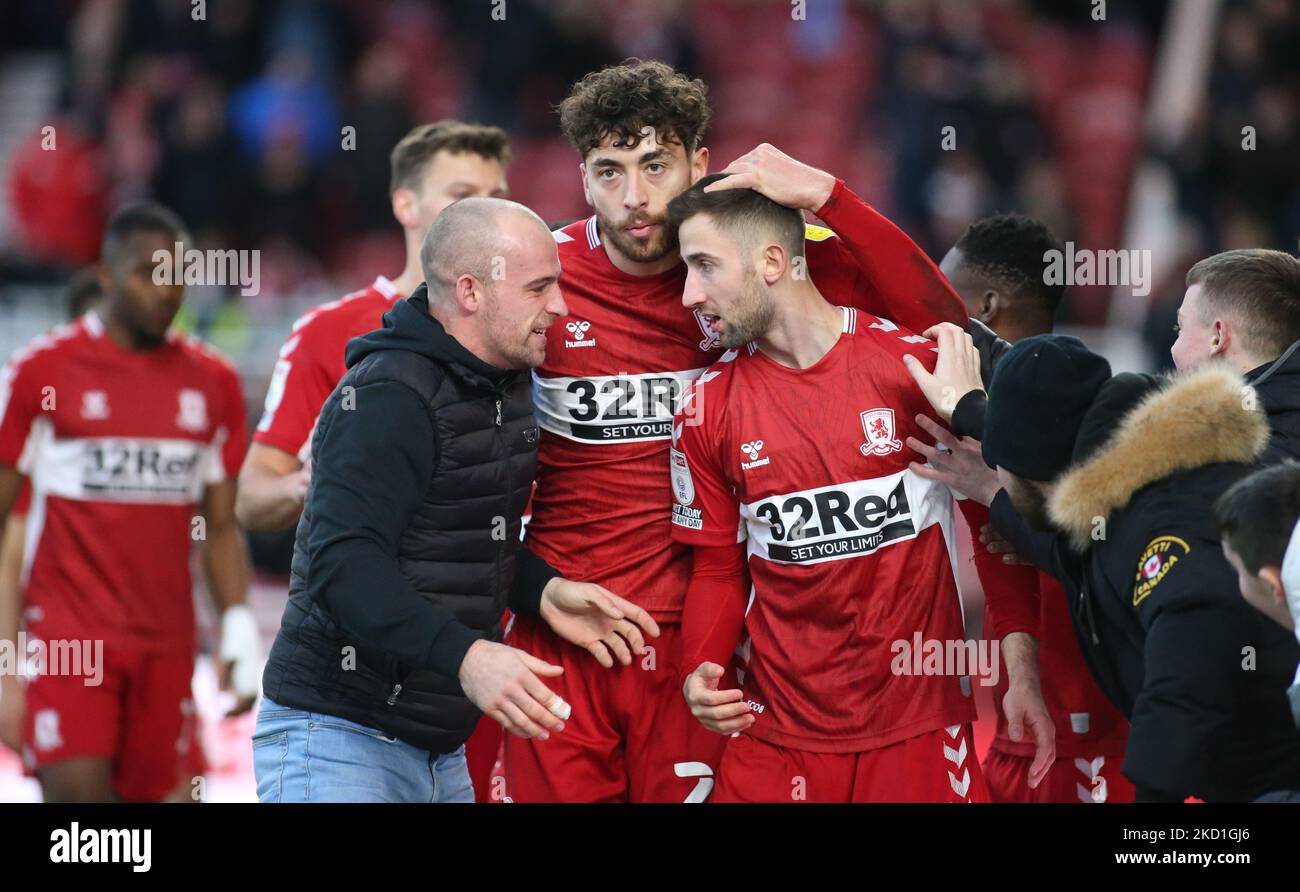 A Middlesbrough fan invades the pitch and joins in with the celebrations following Middlesbrough's Andraž Šporar’s goal during the Sky Bet Championship match between Middlesbrough and Coventry City at the Riverside Stadium, Middlesbrough on Saturday 29th January 2022. (Photo by Michael Driver/MI News/NurPhoto) Stock Photo