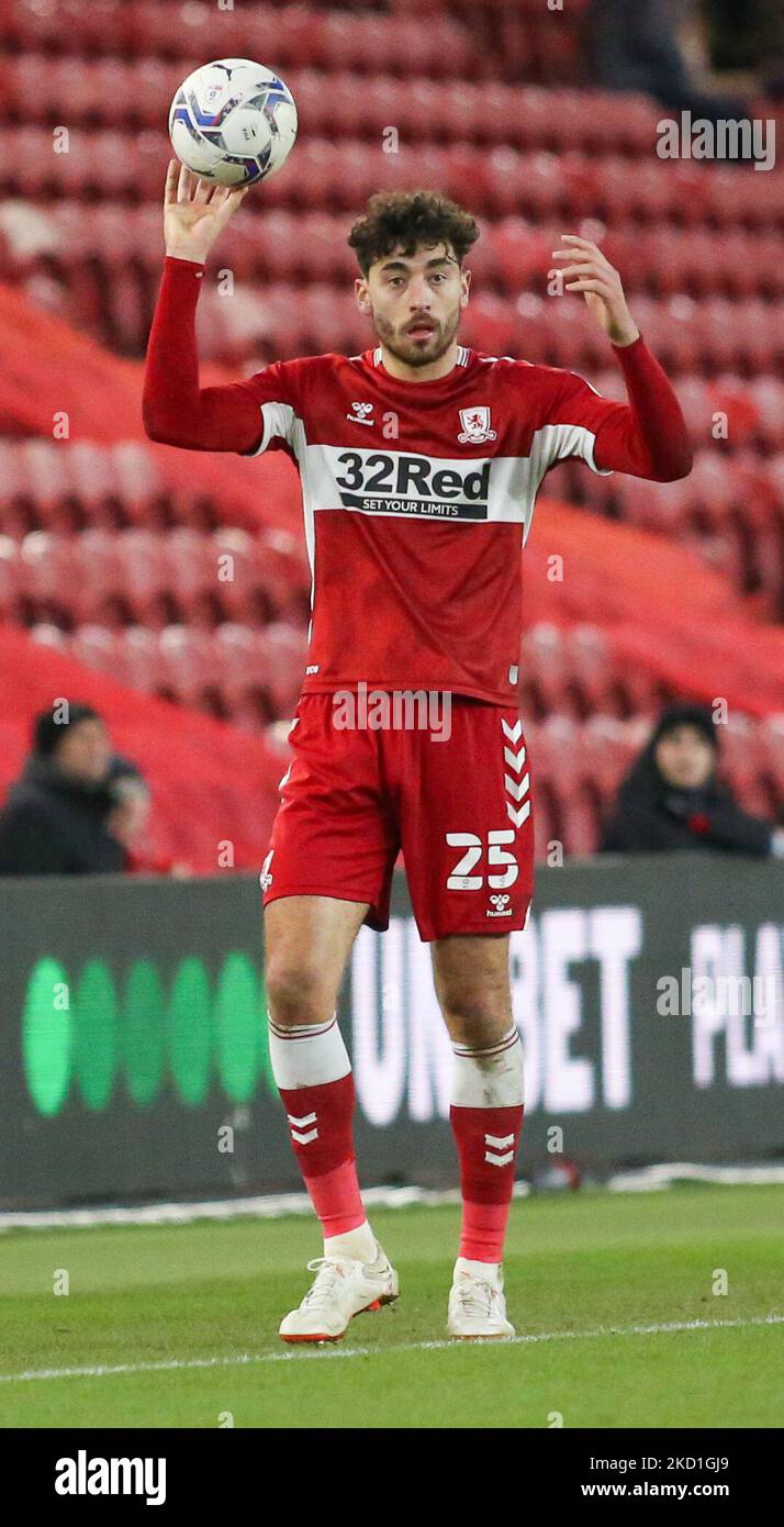 Middlesbrough's Matt Crooks prepares to take a throw in during the Sky Bet Championship match between Middlesbrough and Coventry City at the Riverside Stadium, Middlesbrough on Saturday 29th January 2022. (Photo by Michael Driver/MI News/NurPhoto) Stock Photo