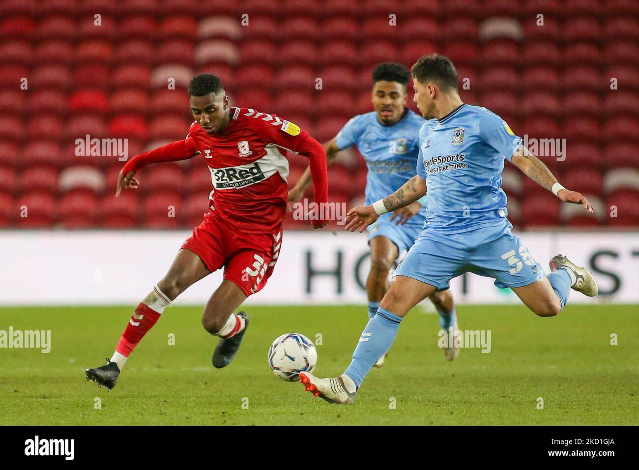 Coventry City's Ryan Howley tackles Middlesbrough's Isaiah Jones during the Sky Bet Championship match between Middlesbrough and Coventry City at the Riverside Stadium, Middlesbrough on Saturday 29th January 2022. (Photo by Michael Driver/MI News/NurPhoto) Stock Photo