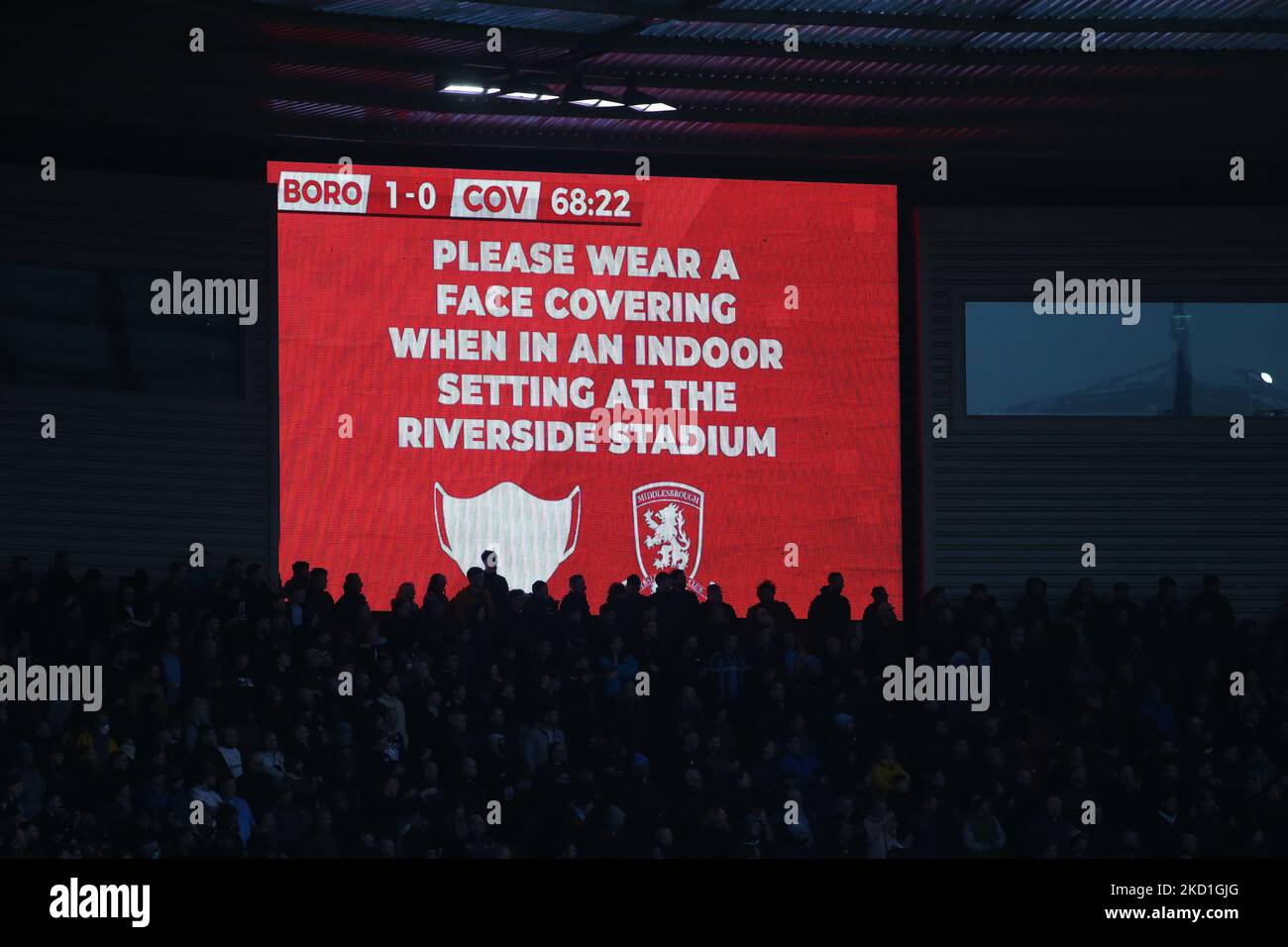 Face Coverings are still advised at Riverside Stadium despite restrictions being lifted during the Sky Bet Championship match between Middlesbrough and Coventry City at the Riverside Stadium, Middlesbrough on Saturday 29th January 2022. (Photo by Michael Driver/MI News/NurPhoto) Stock Photo