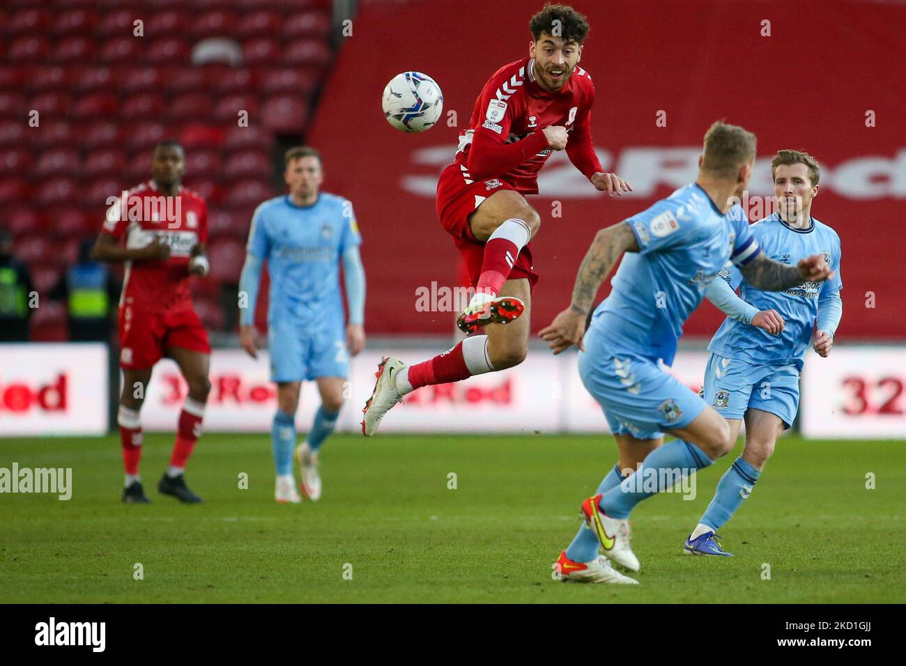 Middlesbrough's Matt Crooks wins an Ariel duel during the Sky Bet Championship match between Middlesbrough and Coventry City at the Riverside Stadium, Middlesbrough on Saturday 29th January 2022. (Photo by Michael Driver/MI News/NurPhoto) Stock Photo