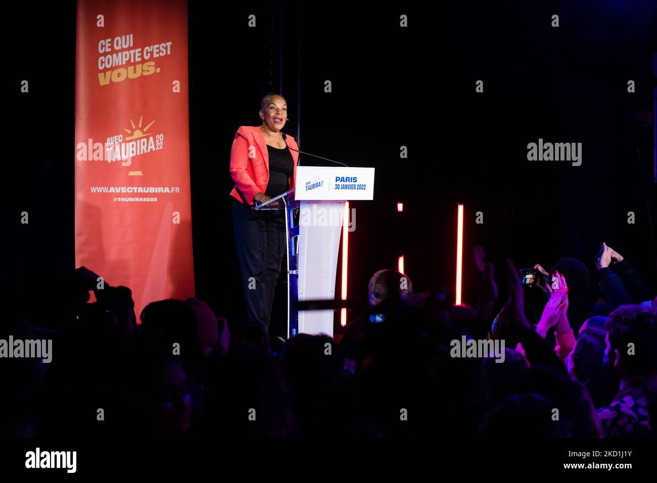 French left-wing candidate in the "popular primary" (primaire populaire) Christiane Taubira delivers a speech to her supporters gathered at the Point Ephemere in Paris on January 30, 2022 after the announcement of the results of the "popular primary" that saw her finish first and thus be a candidate in the presidential election. (Photo by Samuel Boivin/NurPhoto) Stock Photo