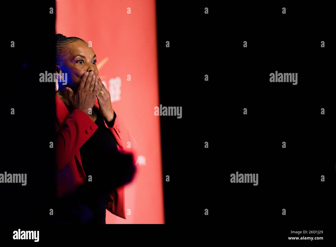 French left-wing candidate in the 'popular primary' (primaire populaire) Christiane Taubira delivers a speech to her supporters gathered at the Point Ephemere in Paris on January 30, 2022 after the announcement of the results of the 'popular primary' that saw her finish first and thus be a candidate in the presidential election. (Photo by Samuel Boivin/NurPhoto) Stock Photo