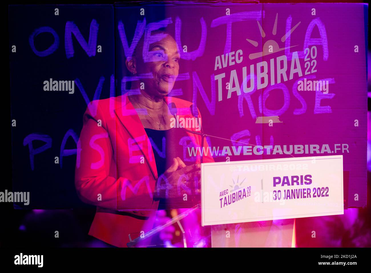 French left-wing candidate in the 'popular primary' (primaire populaire) Christiane Taubira delivers a speech to her supporters gathered at the Point Ephemere in Paris on January 30, 2022 after the announcement of the results of the 'popular primary' that saw her finish first and thus be a candidate in the presidential election. (Photo by Samuel Boivin/NurPhoto) Stock Photo