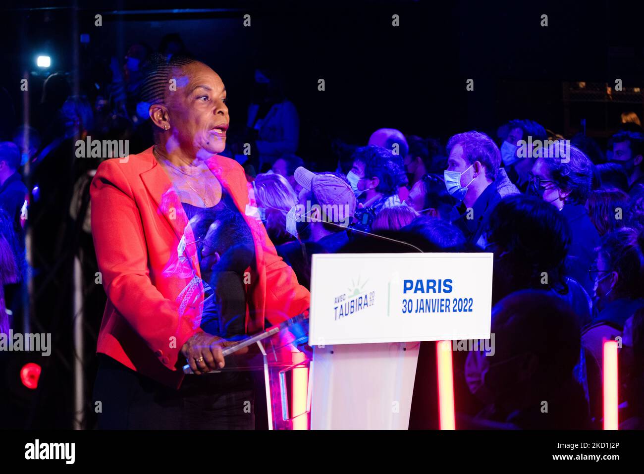 French left-wing candidate in the "popular primary" (primaire populaire) Christiane Taubira delivers a speech to her supporters gathered at the Point Ephemere in Paris on January 30, 2022 after the announcement of the results of the "popular primary" that saw her finish first and thus be a candidate in the presidential election. (Photo by Samuel Boivin/NurPhoto) Stock Photo