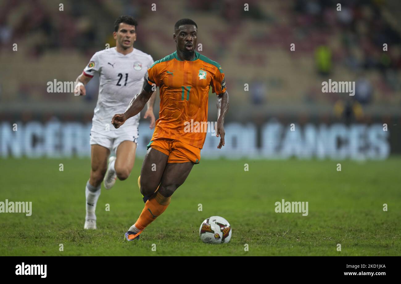 Vincent Aboubakar of Cameroon during Cameroon against Comoros, African Cup of Nations, at Olembe Stadium on 24/1/22. (Photo by Ulrik Pedersen/NurPhoto) Stock Photo