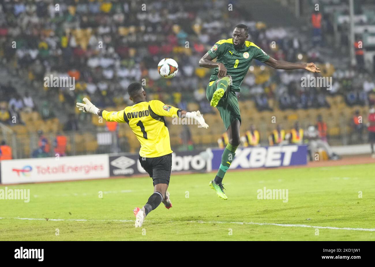 Cheikhou Kouyaté of Senegal scoring their second goal during Senegal versus Equatorial Guinea, African Cup of Nations, at Ahmadou Ahidjo Stadium on January 30, 2022. (Photo by Ulrik Pedersen/NurPhoto) Stock Photo