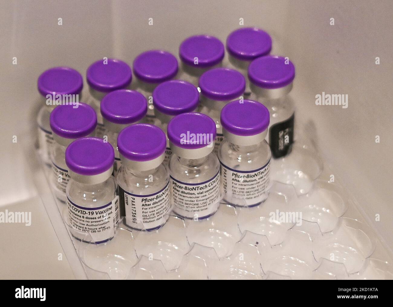 Vials of Pfizer-BioNTech COVID-19 vaccine at the Brothers Dominguez City Theater vaccination centre in San Cristobal de las Casas. Mexico, the world’s most popular medical travel destination throughout the COVID-19 pandemic, has now dropped all COVID-19 entry requirements, including health forms. On Monday, January 31, 2022, in San Cristobal de las Casas, Chiapas, Mexico. (Photo by Artur Widak/NurPhoto) Stock Photo