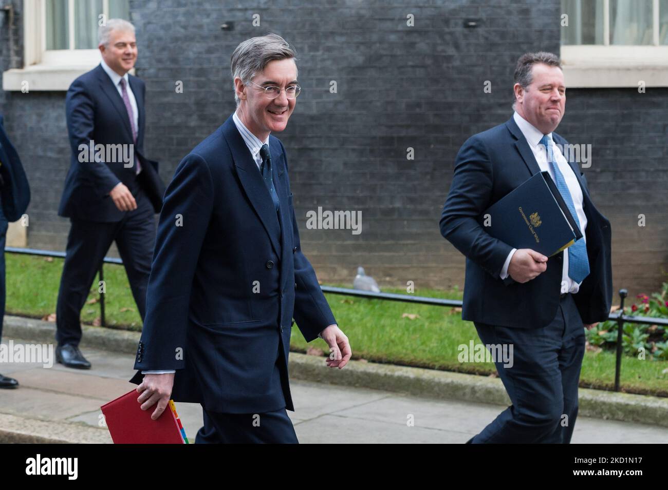 LONDON, UNITED KINGDOM - FEBRUARY 01, 2022: Lord President of the Council and Leader of the House of Commons Jacob Rees-Mogg (C) leaves Downing Street in central London after attending Cabinet meeting on February 01, 2022 in London, England. Yesterday No 10 has promised to publish an updated version of Sue Gray's report into several alleged lockdown rule-breaking parties at Downing Street once the Metropolitan Police completes its own investigation. (Photo by WIktor Szymanowicz/NurPhoto) Stock Photo