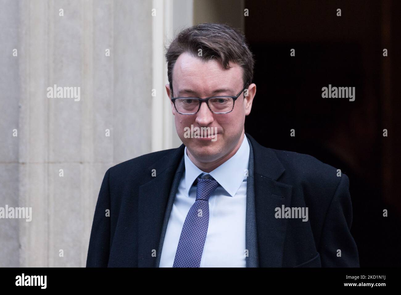 LONDON, UNITED KINGDOM - FEBRUARY 01, 2022: Chief Secretary to the Treasury Simon Clarke leaves Downing Street in central London after attending Cabinet meeting on February 01, 2022 in London, England. Yesterday No 10 has promised to publish an updated version of Sue Gray's report into several alleged lockdown rule-breaking parties at Downing Street once the Metropolitan Police completes its own investigation. (Photo by WIktor Szymanowicz/NurPhoto) Stock Photo