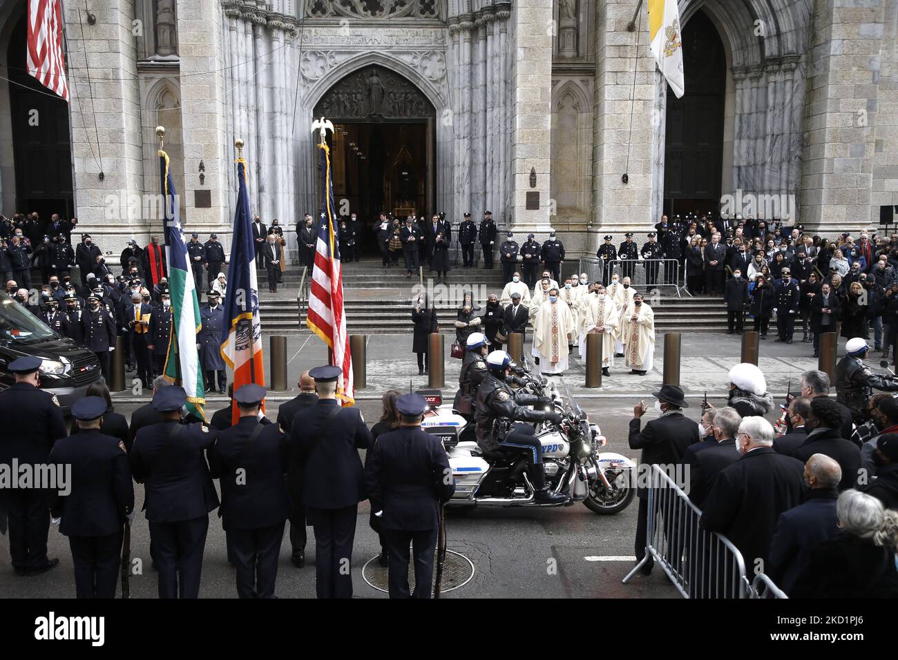 Hundredths of motorcycle officers start the funerary procession as thousands of police officers from various jurisdictions around the country attend the funeral for the slain NYPD Officer Wilbert Mora on February 2, 2022 in New York City, USA. The young officer was killed along with his partner Jason Rivera over week ago while responding to a domestic disturbance in Harlem. His partner Jason Rivera was laid to rest last week. (Photo by John Lamparski/NurPhoto) Stock Photo