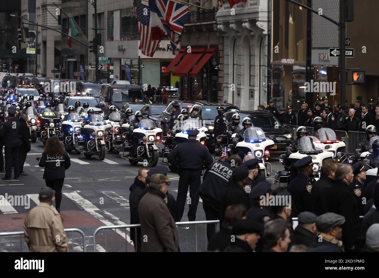 Hundredths of motorcycle officers start the funerary procession as thousands of police officers from various jurisdictions around the country attend the funeral for the slain NYPD Officer Wilbert Mora on February 2, 2022 in New York City, USA. The young officer was killed along with his partner Jason Rivera over week ago while responding to a domestic disturbance in Harlem. His partner Jason Rivera was laid to rest last week. (Photo by John Lamparski/NurPhoto) Stock Photo