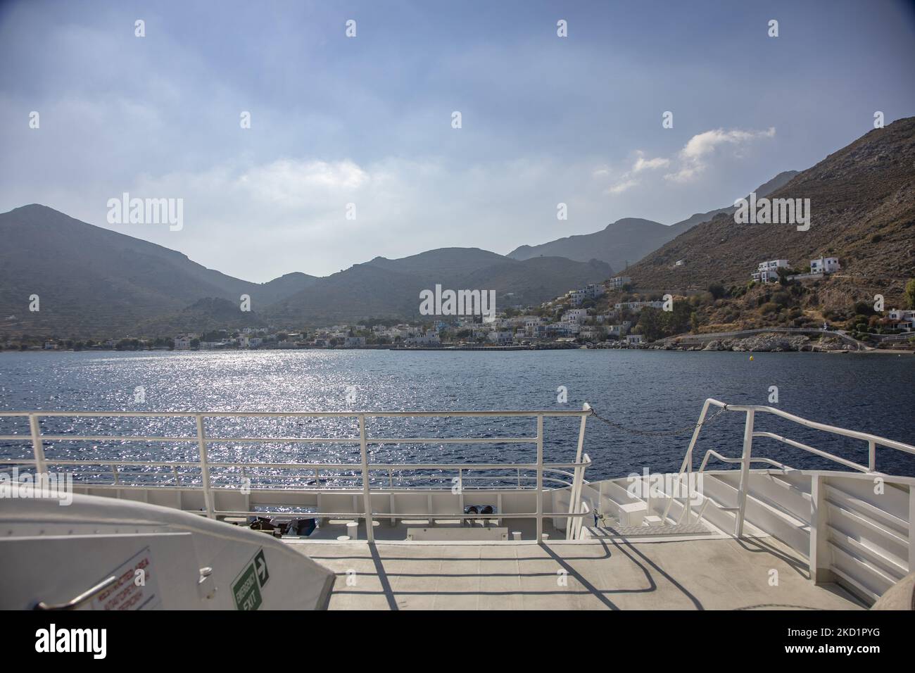 The island of Tilos as seen from a ferry boat. Livadia, the port and