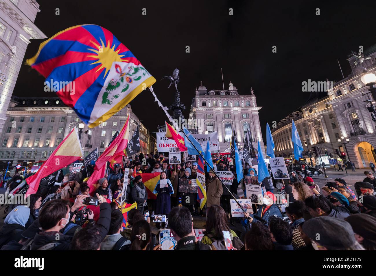 LONDON, UNITED KINGDOM - FEBRUARY 03, 2022: Hongkongers, Tibetans, Uyghur Muslims, their Tigrayan allies and supporters protest in Piccadilly Circus on the eve of Beijing 2022 Winter Olympic Games on February 03, 2022 in London, England. The demonstrators protest against the International Olympics Committee's (IOC) decision to award this year's Winter Olympics to China amid the country's record of human rights violations in Hongkong and Tibet as well as crimes against humanity against Uyghurs and other Turkic Muslims in the northwestern region of Xinjiang. (Photo by WIktor Szymanowicz/NurPhoto Stock Photo