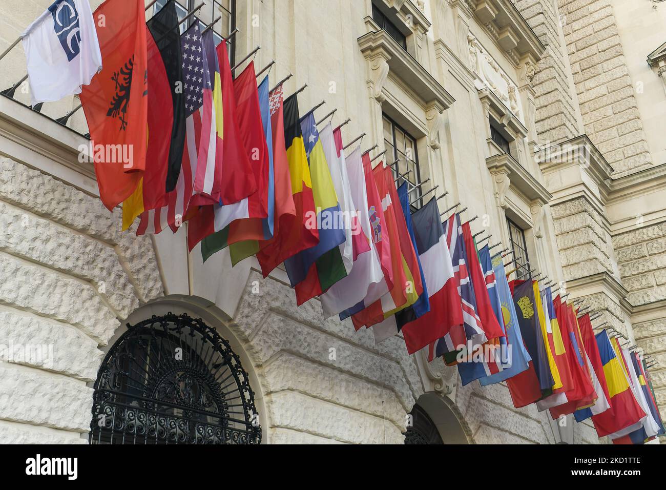 The flags of the Organization for Security and Co-operation in Europe (OSCE) participating countries near the headquarters of the organization in Vienna, Austria. January 2022. (Photo by Maxym Marusenko/NurPhoto) Stock Photo
