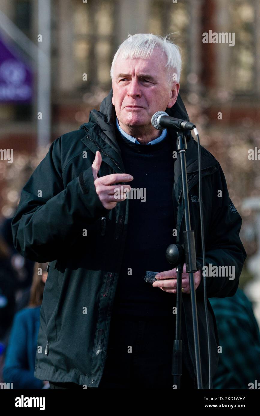 John McDonnell, a member of the Labour Party speaks during a rally against the Elections Bill in Parliament Square in London, Britain, 5 February 2022. The Bill will make it a requirement for voters to show an approved form of photographic identification before collecting their ballot paper to vote in a polling station in a general election. (Photo by Maciek Musialek/NurPhoto) Stock Photo