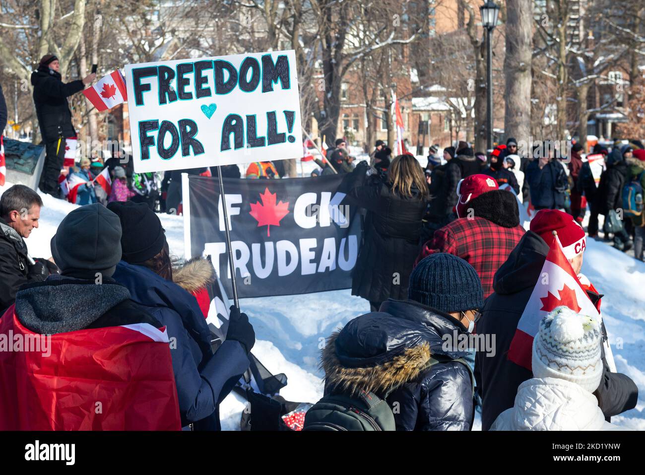 Demonstrators gather for a protest against Covid-19 vaccine mandates and restrictions in downtown Toronto, Canada, on February 5, 2022. Protesters again poured into Toronto and Ottawa early on February 5 to join a convoy of truckers whose occupation of Ottawa to denounce Covid vaccine mandates is now in its second week (Photo by Anatoliy Cherkasov/NurPhoto) Stock Photo