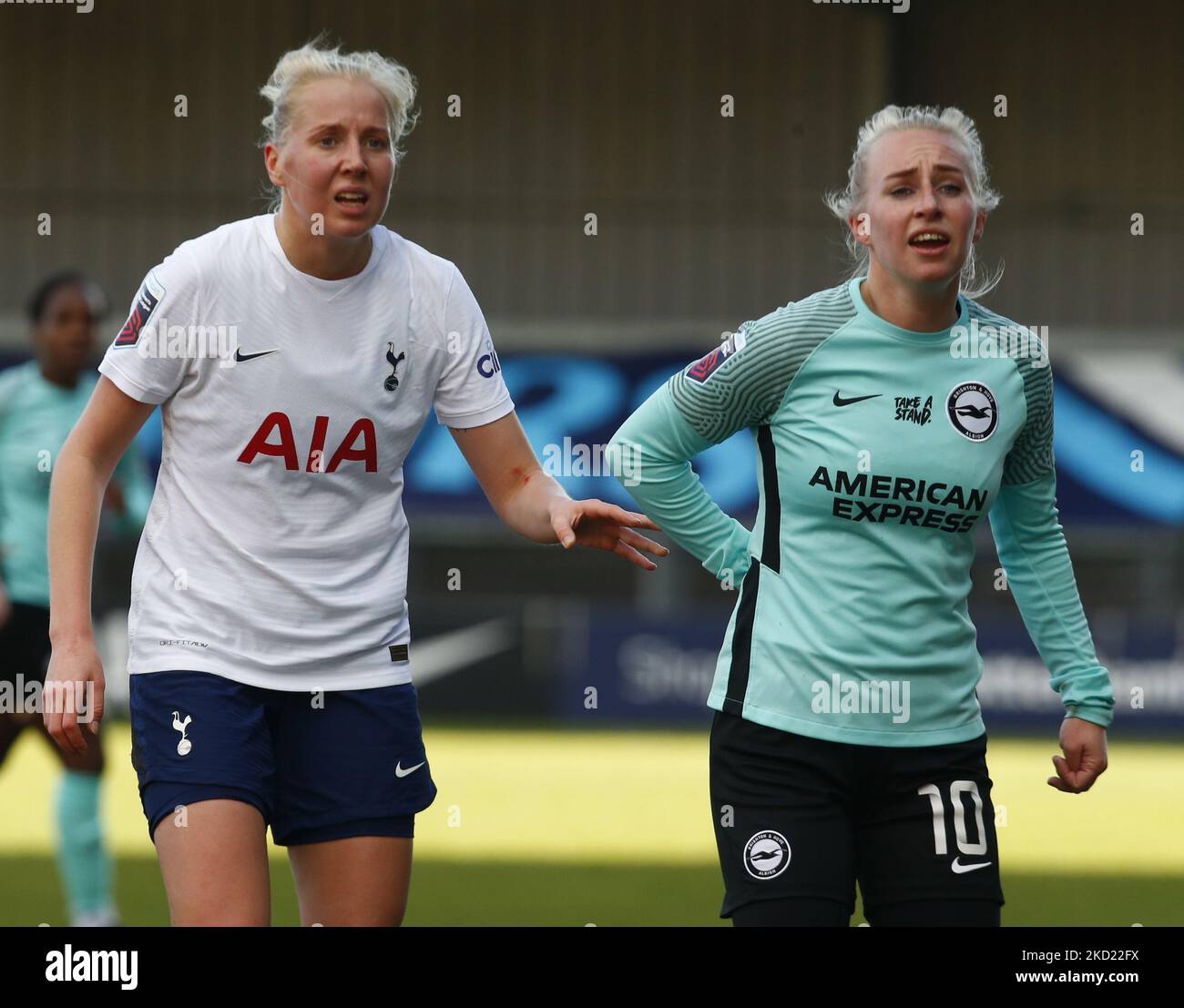 L-R Evelina Summanen of Tottenham Hotspur Women and Inessa Kaagman of Brighton and Hove Albion WFC during FA Women's Super League between Tottenham Hotspur Women and Brighton and Hove Albion Women, at The Hive Stadium on 06th February , 2022 in Barnet, England (Photo by Action Foto Sport/NurPhoto) Stock Photo