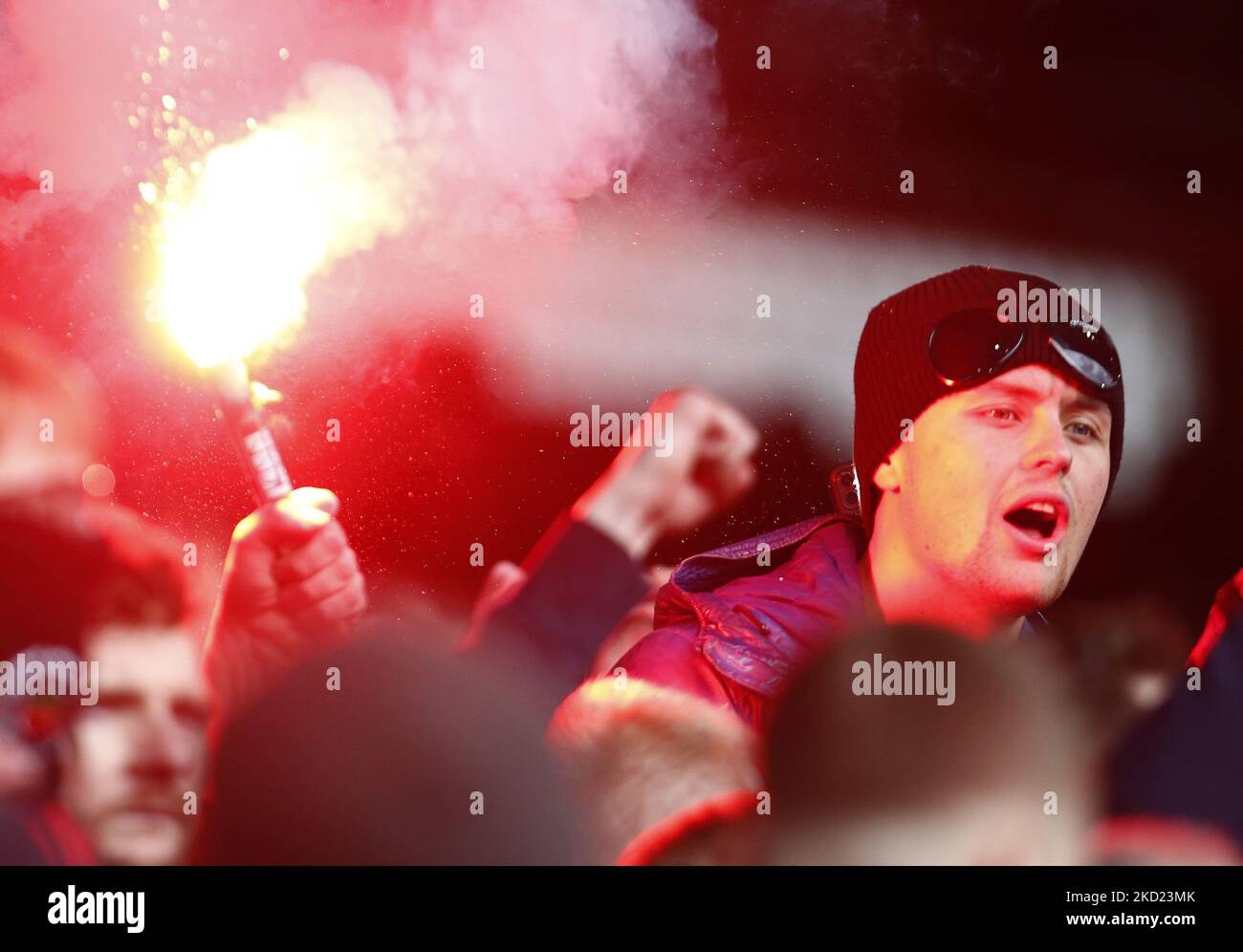 Heartlepool United, Fan hold a flare during FA Cup Fourth Round between Crystal Palace and Hartlepool United at Selhurst Park Stadium, London on 5th February, 2022 (Photo by Action Foto Sport/NurPhoto) Stock Photo
