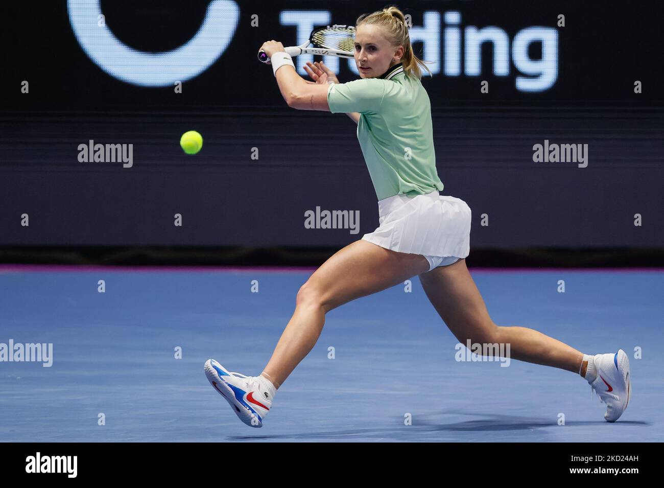 Jil Teichmann of Switzerland returns the ball to Anett Kontaveit of Estonia during the womens singles Round of 32 match of the WTA 500 St