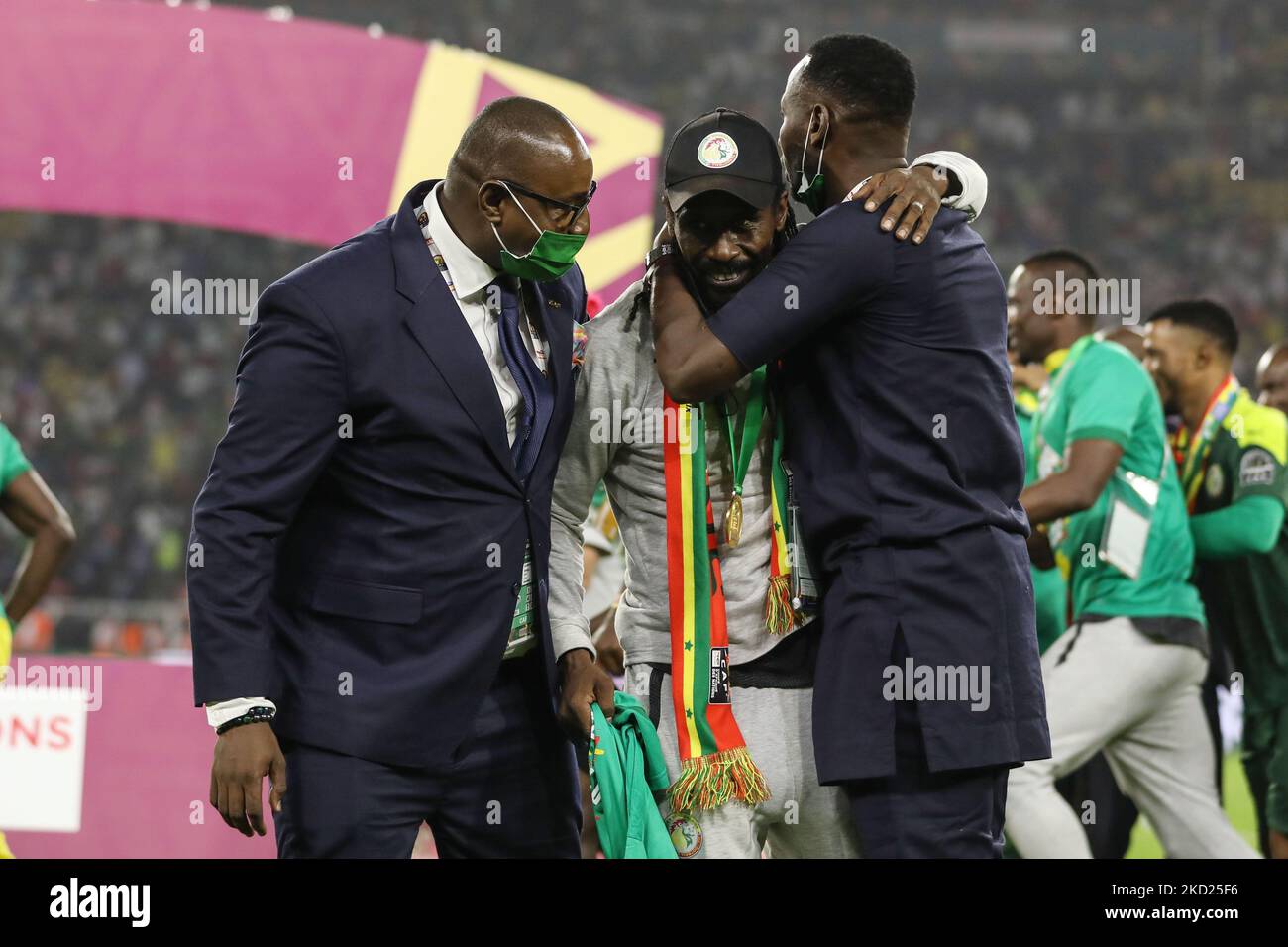 Senegal head coach Aliou Cisse celebrates after winning the 2021 Africa Cup of Nations final soccer match against Egypt at the Paul Biya 'Olembe' Stadium, Yaounde, Cameroon 06 February 2022. (Photo by Ayman Aref/NurPhoto) Stock Photo