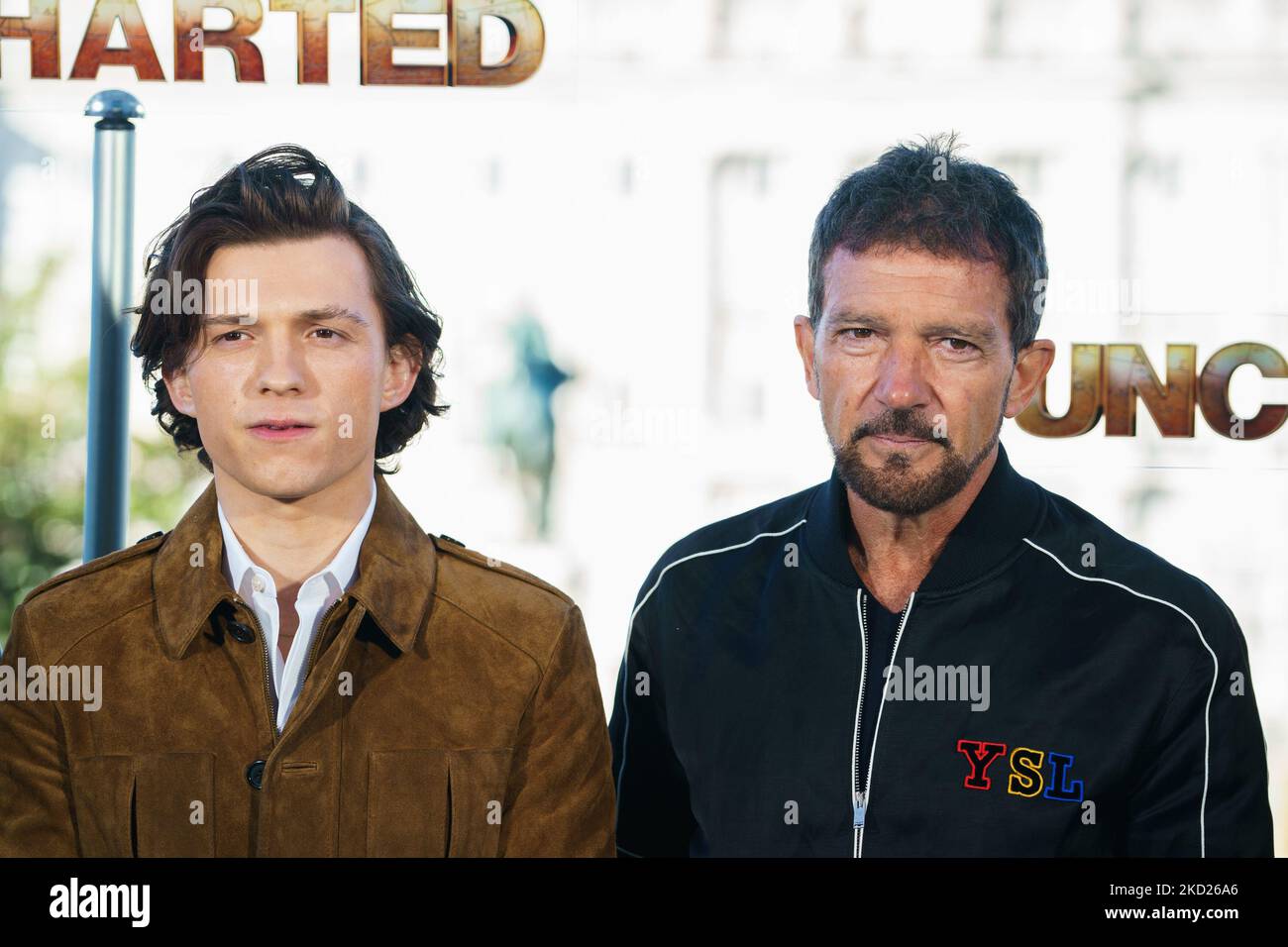 Actors Tom Holland (L) and Antonio Banderas (R) attend 'Uncharted' photocall at the Royal Theater on February 08, 2022 in Madrid, Spain. (Photo by Oscar Gonzalez/NurPhoto) Stock Photo