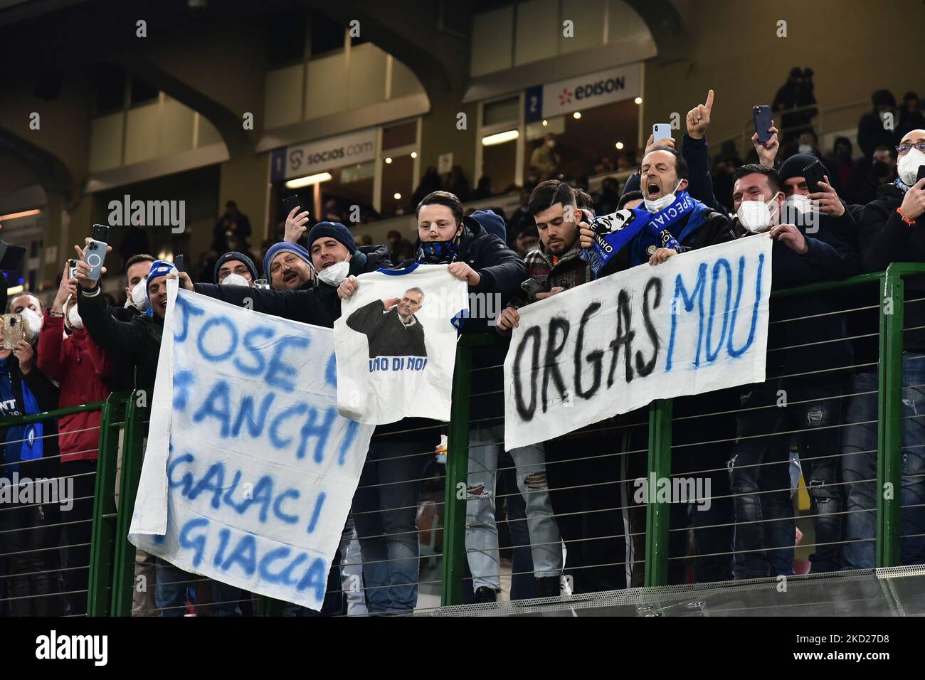 Inter’’s supporters with barter for Coach Jose' Mourinho (A.S. Roma) during the Coppa Italia soccer match between FC Internazionale vs AS Roma at the Giuseppe Meazza Stadium in Milan, Italy on 8 February 2022. (Photo by Michele Maraviglia/NurPhoto) Stock Photo